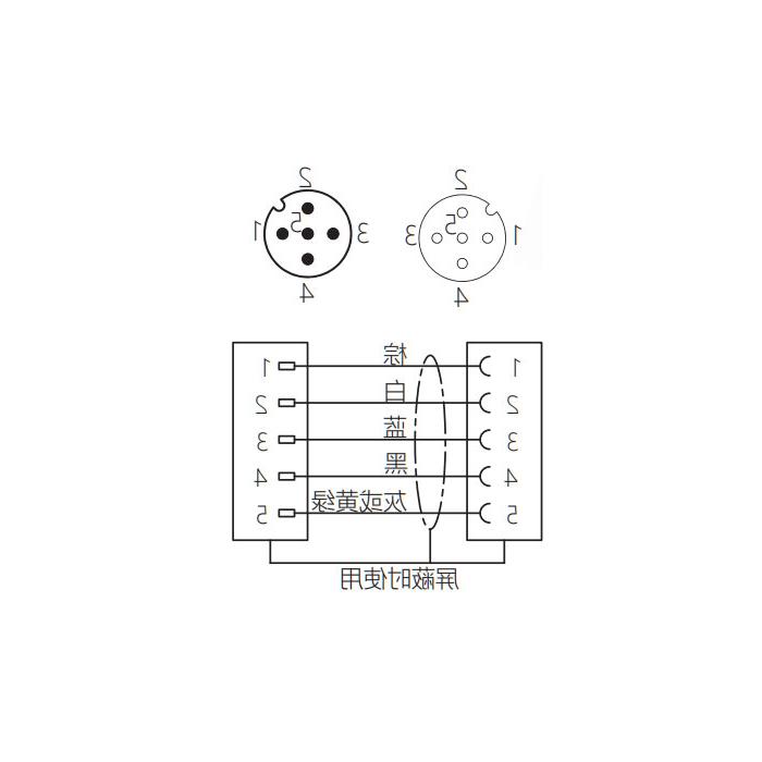 M12 4Pin、母头90°转公头直型、双端预铸防焊渣PUR柔性电缆、黄色护套、64T141-XXX