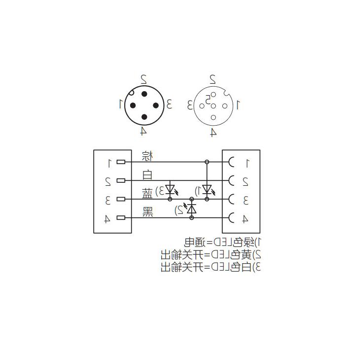 M12 4Pin, M12 female 90° with LED light turn M12 male straight, double end pre-cast slag resistant PUR flexible cable, yellow sheath, 64T121-XXX